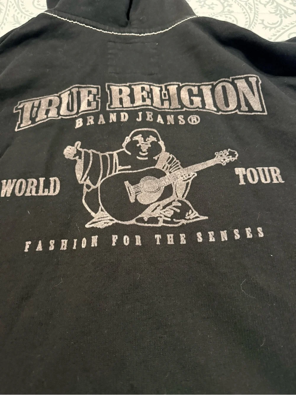True Religion Black Zip Front Hoodie with Cream Drawstring